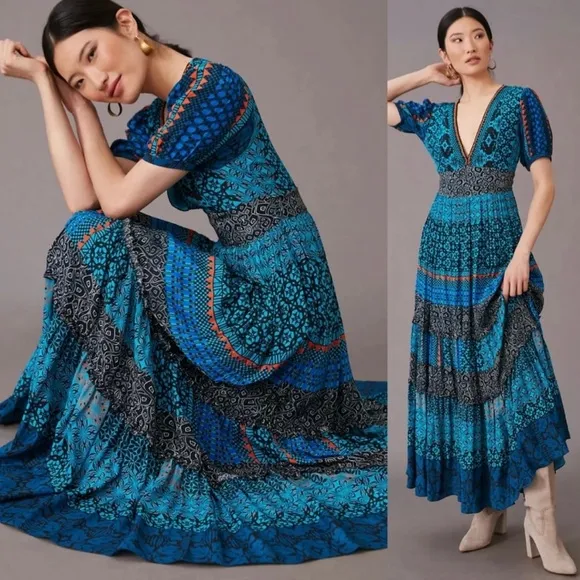 Bhanuni Marian Maxi Dress Anthropologie Boho Festival Embroidered Beaded Event