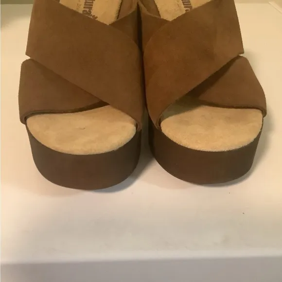 Bionatura Boho Women’s tan brown chunky heel leather slip on sandals size 7.5 38