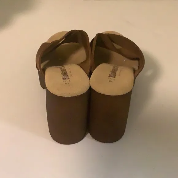Bionatura Boho Women’s tan brown chunky heel leather slip on sandals size 7.5 38