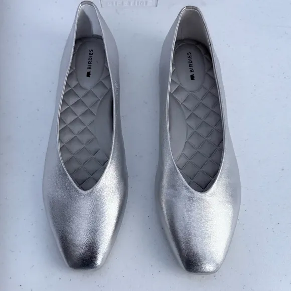 BIRDIES Crane Flat Shoes in Silver Leather Square Toe Minimalist Ballet Flats 9