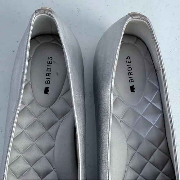 BIRDIES Crane Flat Shoes in Silver Leather Square Toe Minimalist Ballet Flats 9