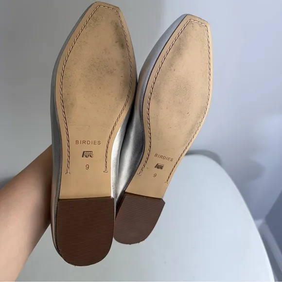 BIRDIES Crane Flat Shoes in Silver Leather Square Toe Minimalist Ballet Flats 9