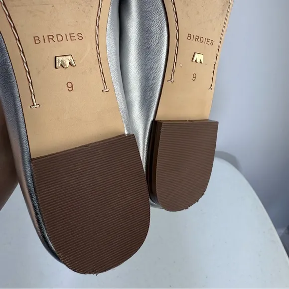 BIRDIES Crane Flat Shoes in Silver Leather Square Toe Minimalist Ballet Flats 9