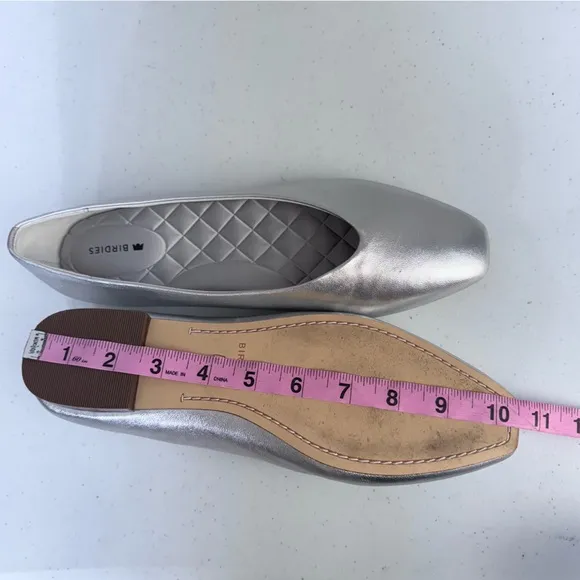 BIRDIES Crane Flat Shoes in Silver Leather Square Toe Minimalist Ballet Flats 9