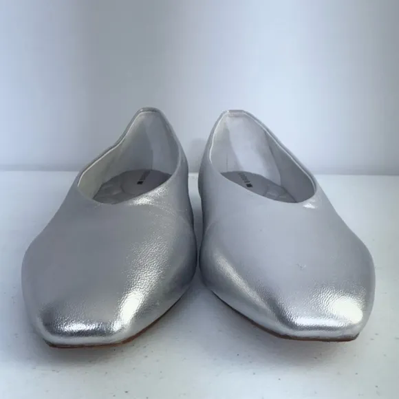 BIRDIES Crane Flat Shoes in Silver Leather Square Toe Minimalist Ballet Flats 9