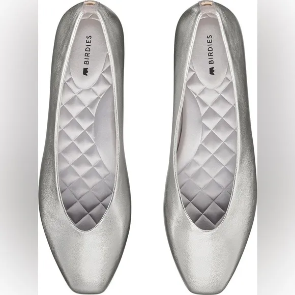 BIRDIES Crane Flat Shoes in Silver Leather Square Toe Minimalist Ballet Flats 9