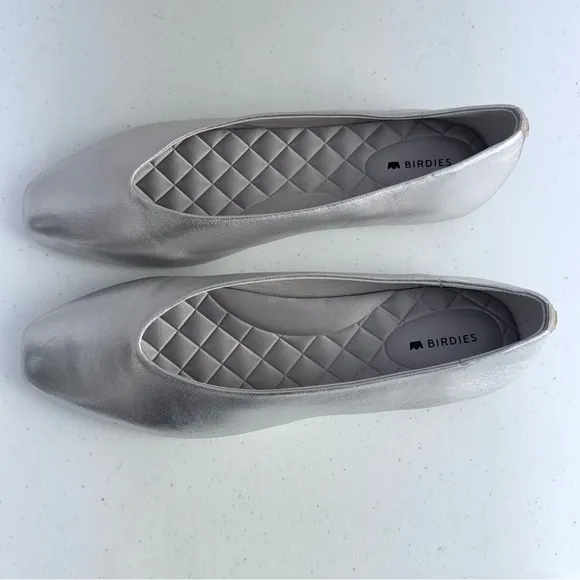 BIRDIES Crane Flat Shoes in Silver Leather Square Toe Minimalist Ballet Flats 9
