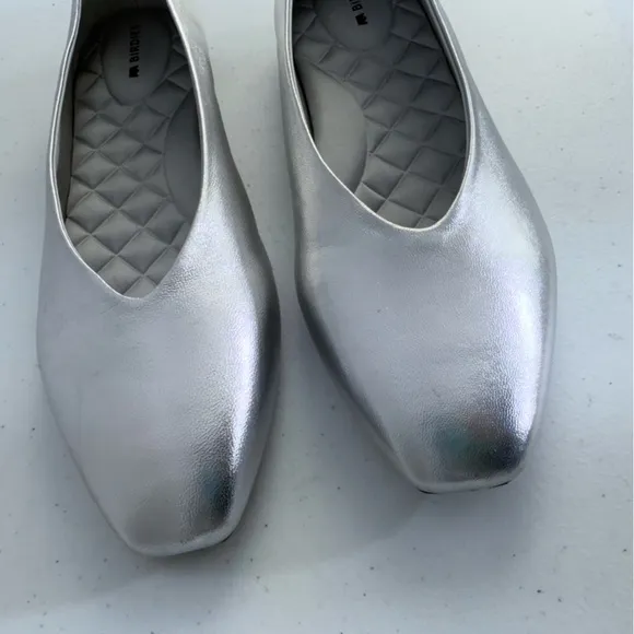 BIRDIES Crane Flat Shoes in Silver Leather Square Toe Minimalist Ballet Flats 9