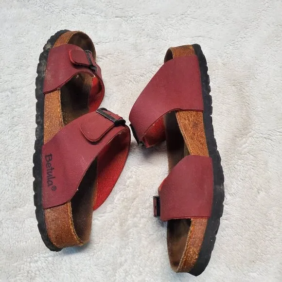Birkenstock Betula Red Leather Casual Strap Slip On Unisex Sandal Men 6 Women 8
