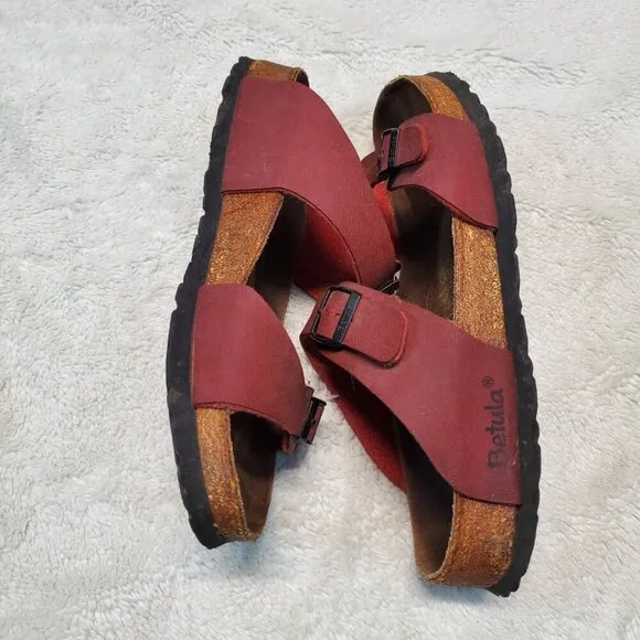 Birkenstock Betula Red Leather Casual Strap Slip On Unisex Sandal Men 6 Women 8