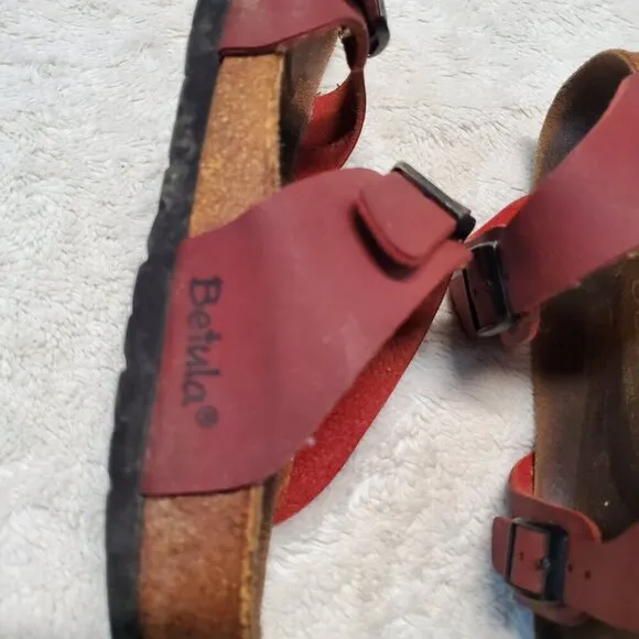 Birkenstock Betula Red Leather Casual Strap Slip On Unisex Sandal Men 6 Women 8