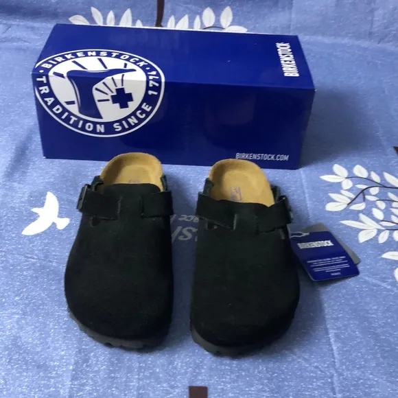 Birkenstock Boston Black Mules with Cork Footbed - Narrow