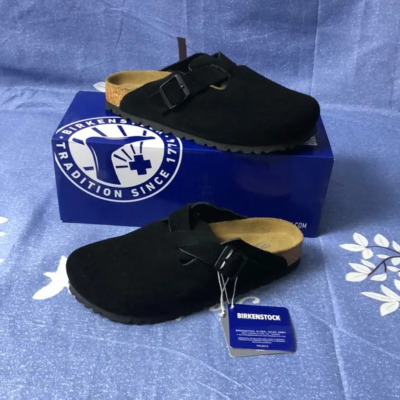 Birkenstock Boston Black Mules with Cork Footbed - Narrow