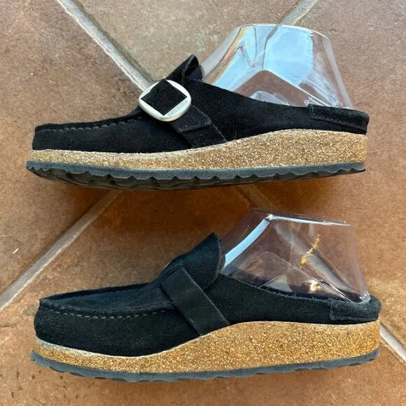 Birkenstock Buckley Black Suede Buckle Cork Sole Clogs size EU 36 Us size 5-5.5