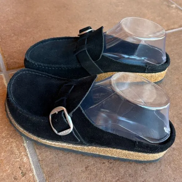 Birkenstock Buckley Black Suede Buckle Cork Sole Clogs size EU 36 Us size 5-5.5
