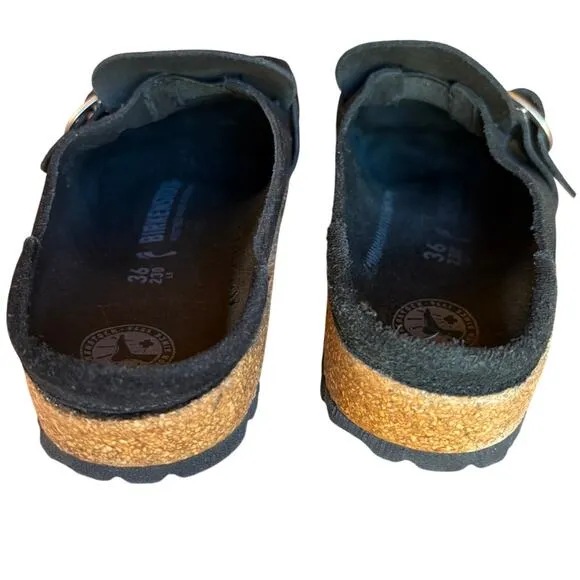 Birkenstock Buckley Black Suede Buckle Cork Sole Clogs size EU 36 Us size 5-5.5