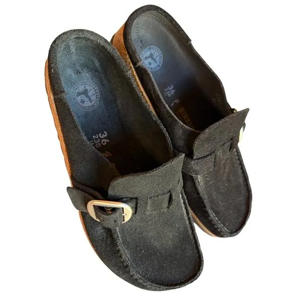 Birkenstock Buckley Black Suede Buckle Cork Sole Clogs size EU 36 Us size 5-5.5