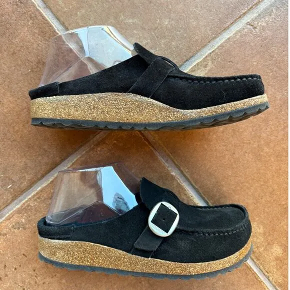 Birkenstock Buckley Black Suede Buckle Cork Sole Clogs size EU 36 Us size 5-5.5