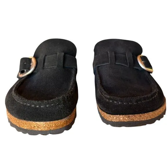 Birkenstock Buckley Black Suede Buckle Cork Sole Clogs size EU 36 Us size 5-5.5