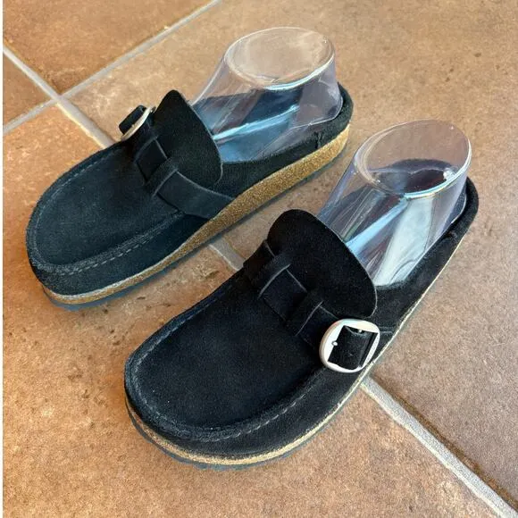 Birkenstock Buckley Black Suede Buckle Cork Sole Clogs size EU 36 Us size 5-5.5