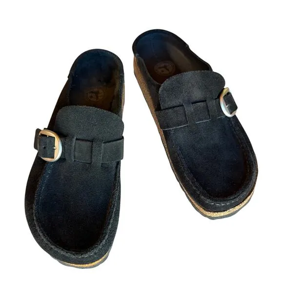 Birkenstock Buckley Black Suede Buckle Cork Sole Clogs size EU 36 Us size 5-5.5