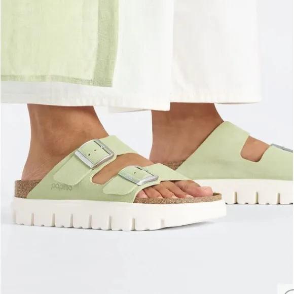 Birkenstock Papillio Arizona Chunky Suede Leather Faded Lime shoes.