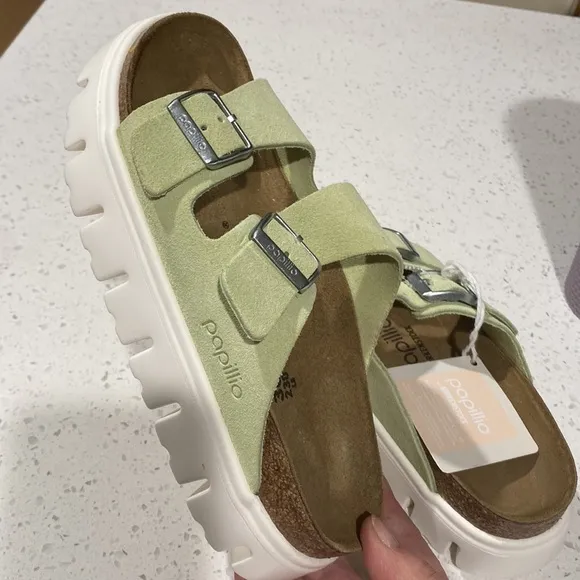 Birkenstock Papillio Arizona Chunky Suede Leather Faded Lime shoes.