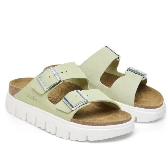 Birkenstock Papillio Arizona Chunky Suede Leather Faded Lime shoes.