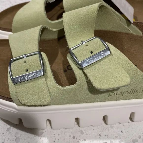 Birkenstock Papillio Arizona Chunky Suede Leather Faded Lime shoes.