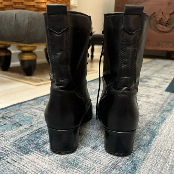 Black Leather Lace Up Chunk Heel Combat Boots Size 6.5 Vintage