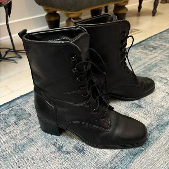 Black Leather Lace Up Chunk Heel Combat Boots Size 6.5 Vintage