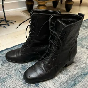 Black Leather Lace Up Chunk Heel Combat Boots Size 6.5 Vintage