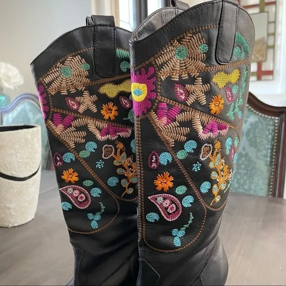 Black Vegan Leather western Cowgirl Boots Colorful Shaft Embroidery size 6.5