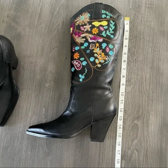 Black Vegan Leather western Cowgirl Boots Colorful Shaft Embroidery size 6.5