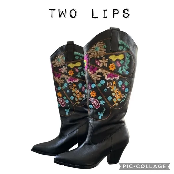 Black Vegan Leather western Cowgirl Boots Colorful Shaft Embroidery size 6.5
