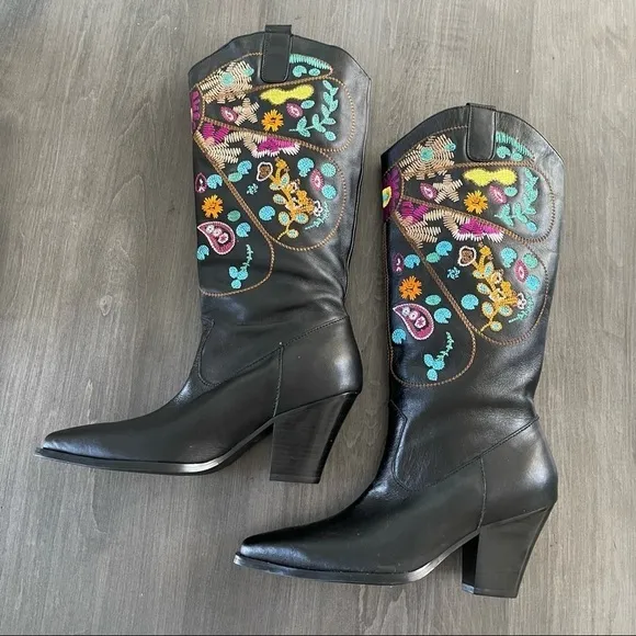 Black Vegan Leather western Cowgirl Boots Colorful Shaft Embroidery size 6.5