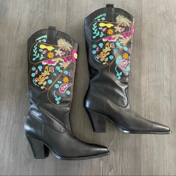 Black Vegan Leather western Cowgirl Boots Colorful Shaft Embroidery size 6.5