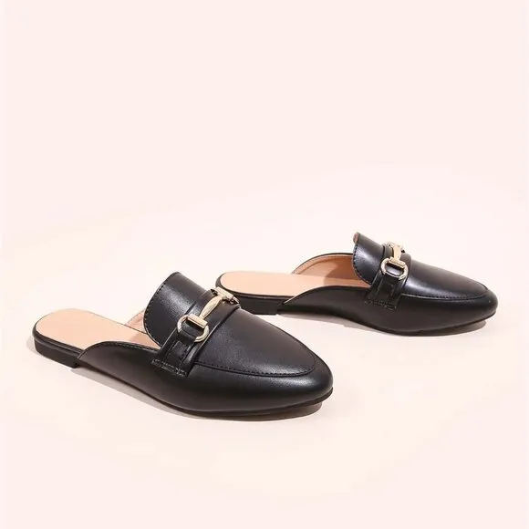 Black Women's Horsebit Decor Loafer Mules Flat Shoes