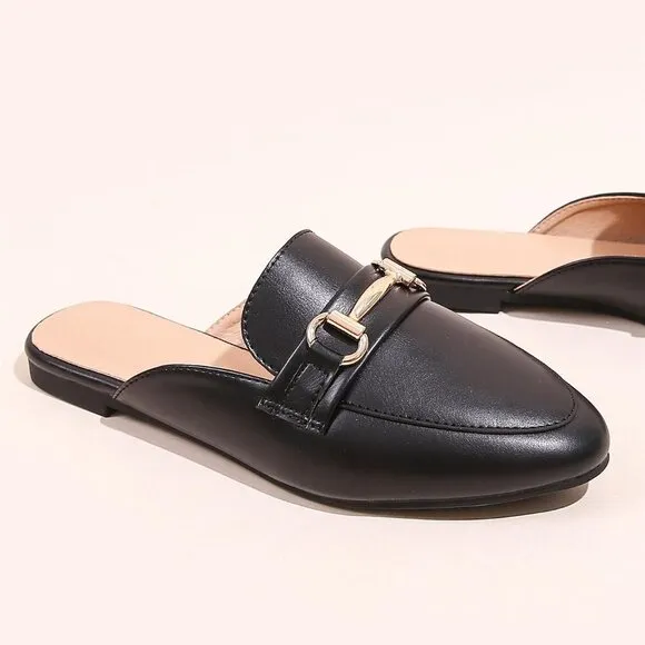 Black Women's Horsebit Decor Loafer Mules Flat Shoes