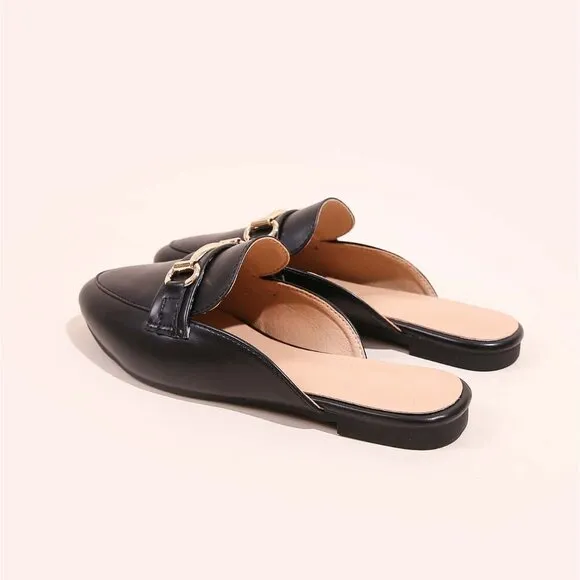 Black Women's Horsebit Decor Loafer Mules Flat Shoes