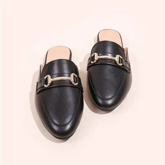 Black Women's Horsebit Decor Loafer Mules Flat Shoes