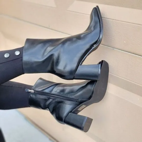 Black High Chunky Heeled Boots Zip Up Square Toe Ankle Booties