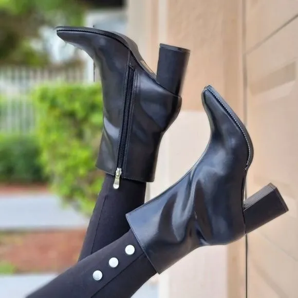Black High Chunky Heeled Boots Zip Up Square Toe Ankle Booties