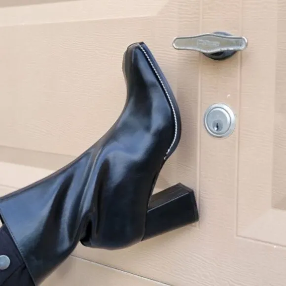 Black High Chunky Heeled Boots Zip Up Square Toe Ankle Booties