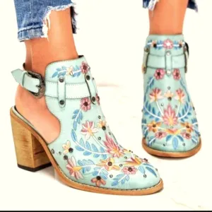 Blue Flower Printed Sandal Booties, Strappy Buckle Chunky High Heel Size 7