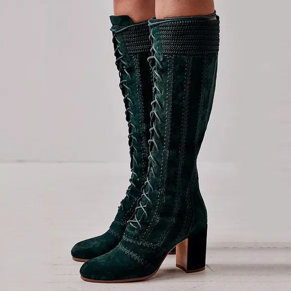 BNIB Dark Green Vegan Suede Sewed Knee Lace Up Boots with Block Heels