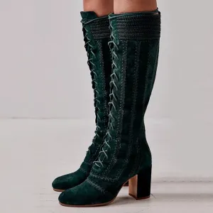 BNIB Dark Green Vegan Suede Sewed Knee Lace Up Boots with Block Heels
