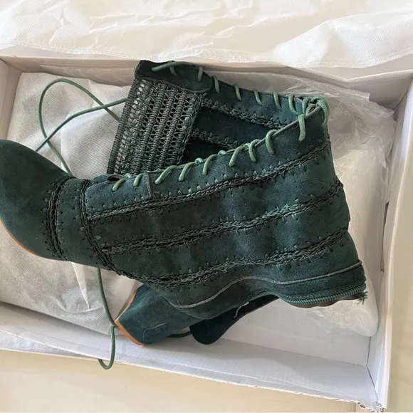 BNIB Dark Green Vegan Suede Sewed Knee Lace Up Boots with Block Heels