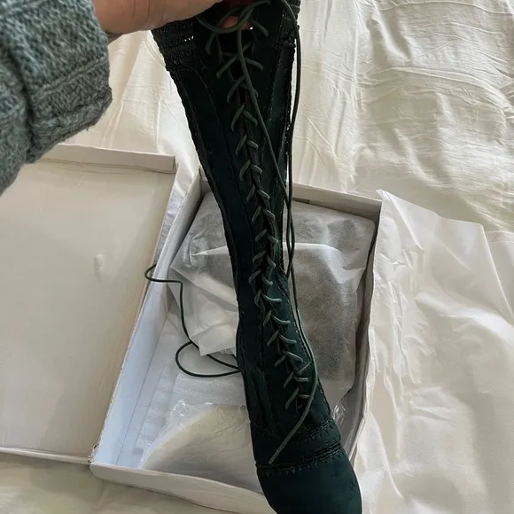 BNIB Dark Green Vegan Suede Sewed Knee Lace Up Boots with Block Heels
