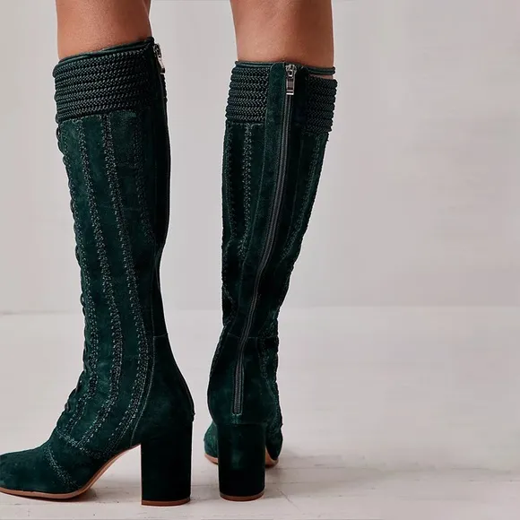 BNIB Dark Green Vegan Suede Sewed Knee Lace Up Boots with Block Heels